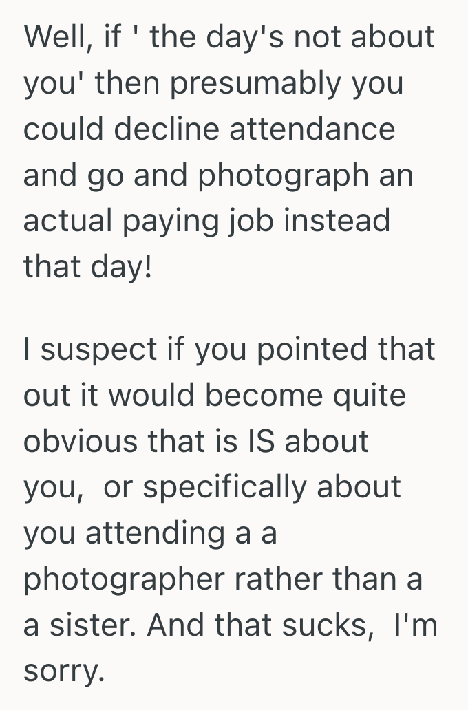 Screenshot 2025 07 07 at 12.21.19 PM Her Sister Asked Her To Photograph Her Wedding, But When She Told Her Shed Rather Attend As A Guest, Her Decision Led to Backlash From The Rest Of The Family